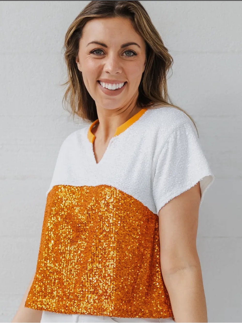 White and Orange Sequin Colorblock Cropped Top